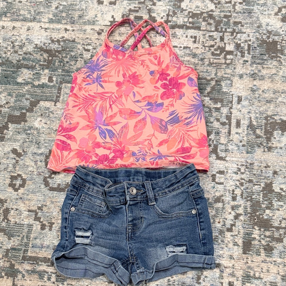 Carter's Pink Coral Floral Tank Top and Denim Shorts Set